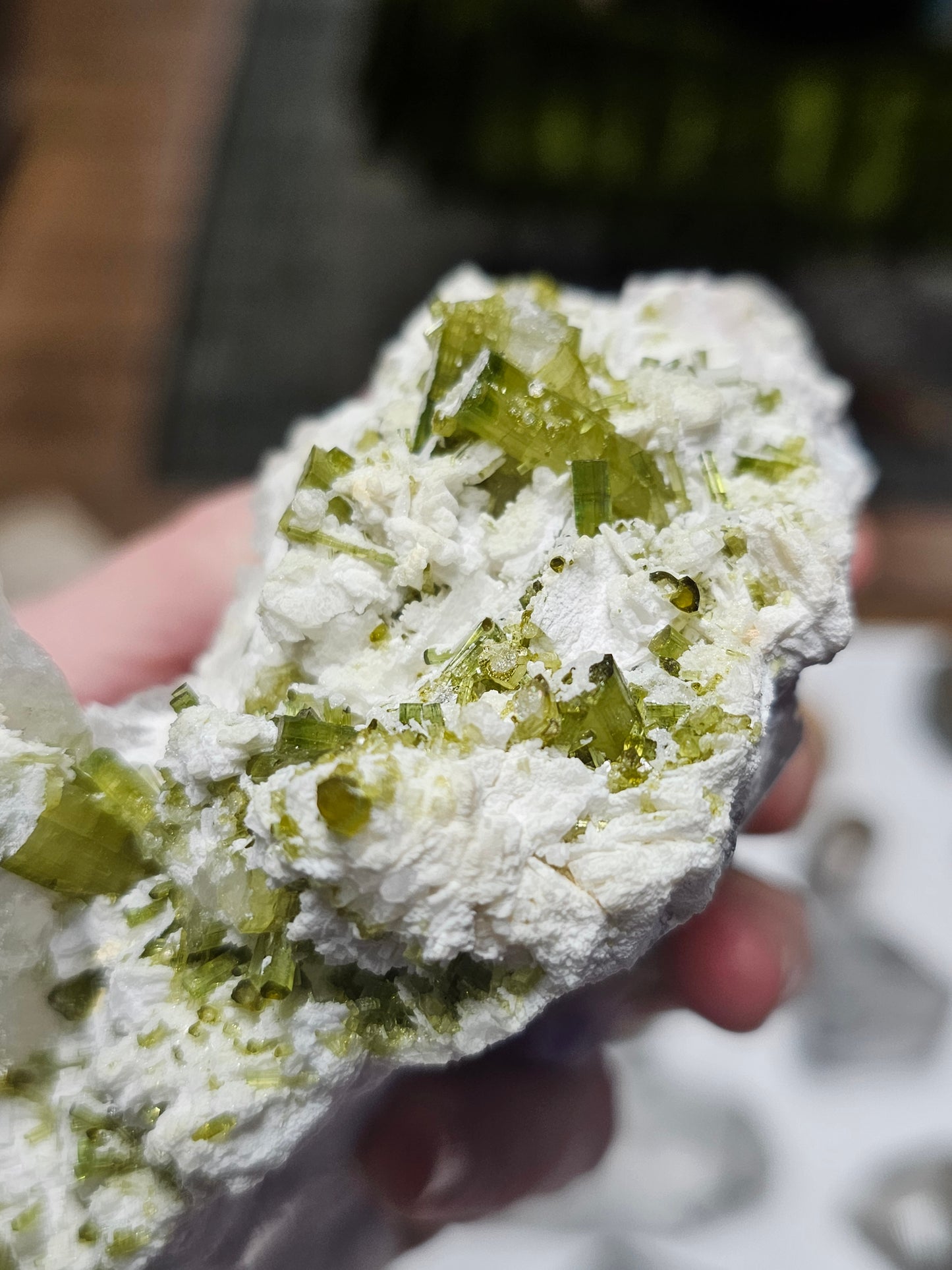 Green Tourmaline and Lepidolite on Albite