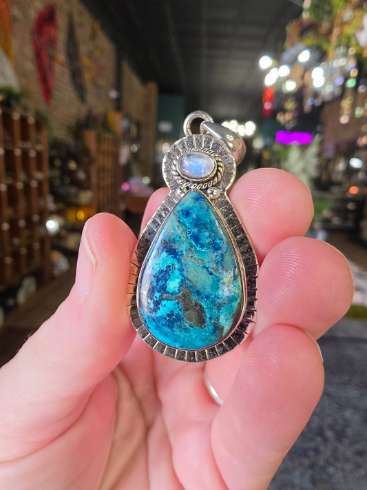 Shattuckite Chrysocolla  and Rainbow Moonstone Pendant