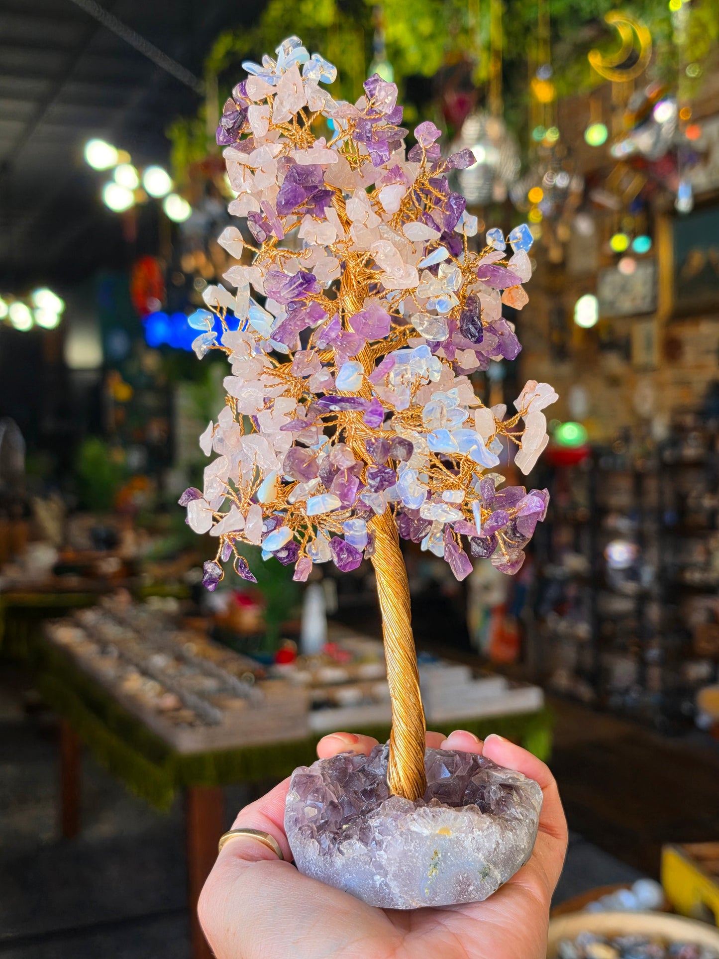 Opalite, Rose Quartz, Amethyst Chip Bead Tree on Amethyst Cluster Base