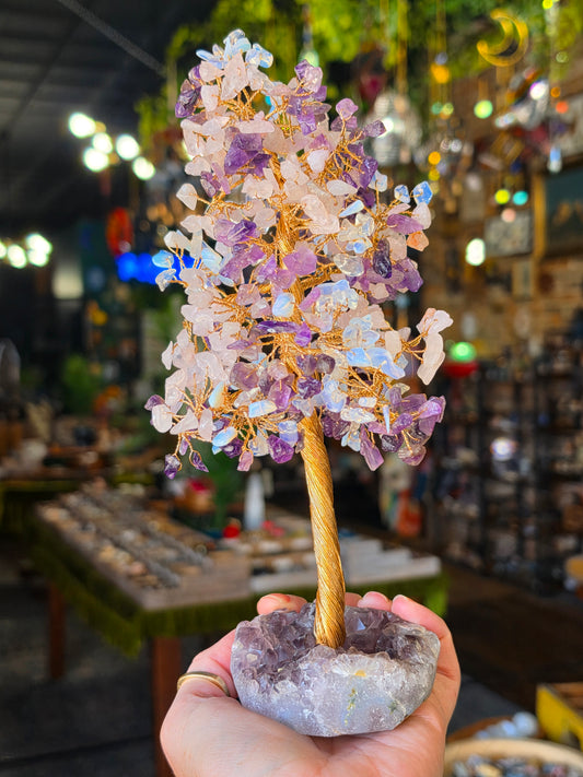 Opalite, Rose Quartz, Amethyst Chip Bead Tree on Amethyst Cluster Base