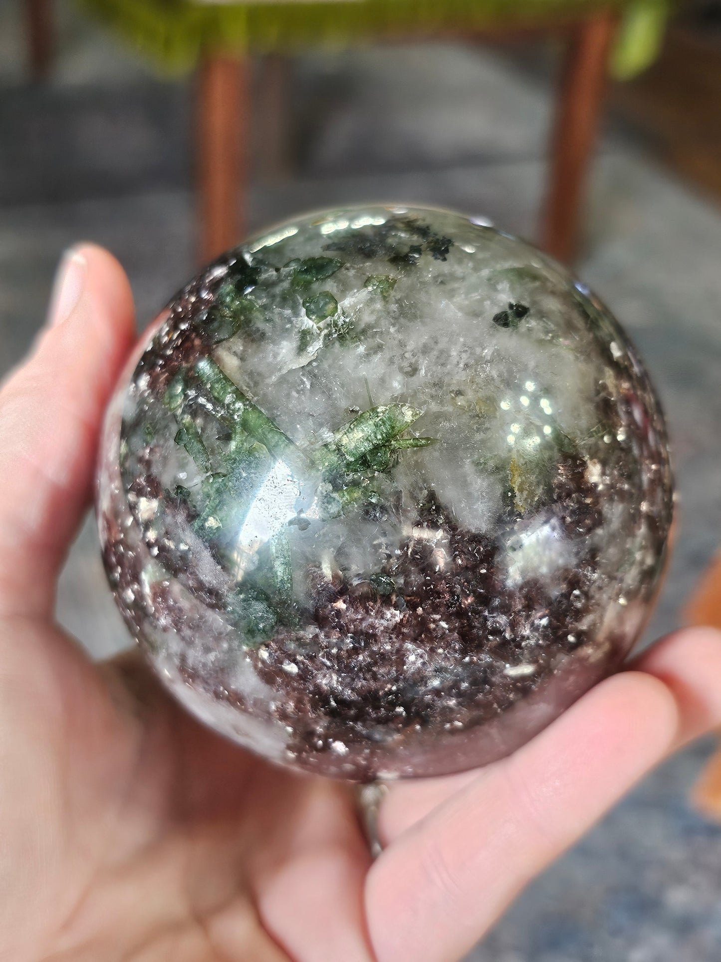 Green Tourmaline & Lepidolite in Quartz Sphere