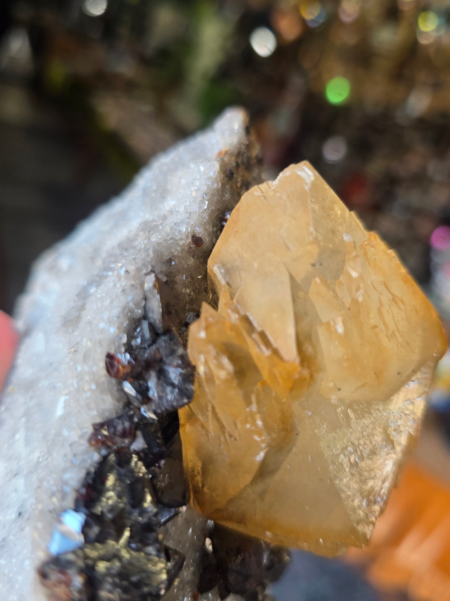 Calcite and Sphalerite on Druzy Quartz