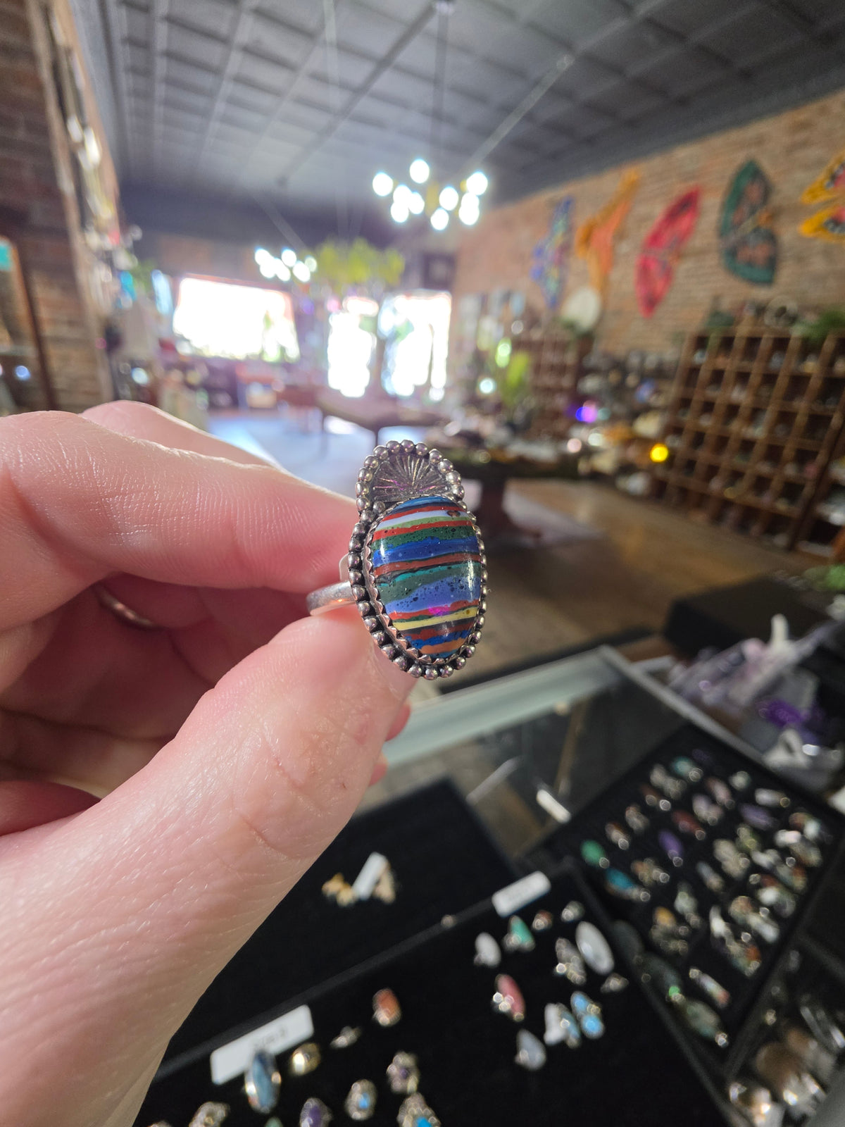 Rainbow Calsilica Ring Size 8.5 ( Manmade Stone)