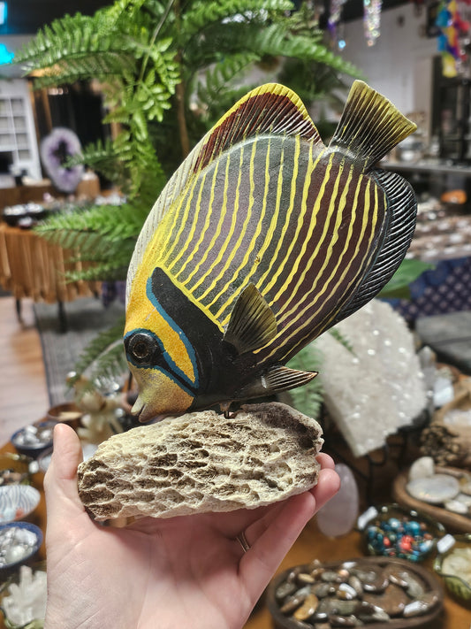 Wooden Emperor Anglefish Carving, Genuine Coral Base