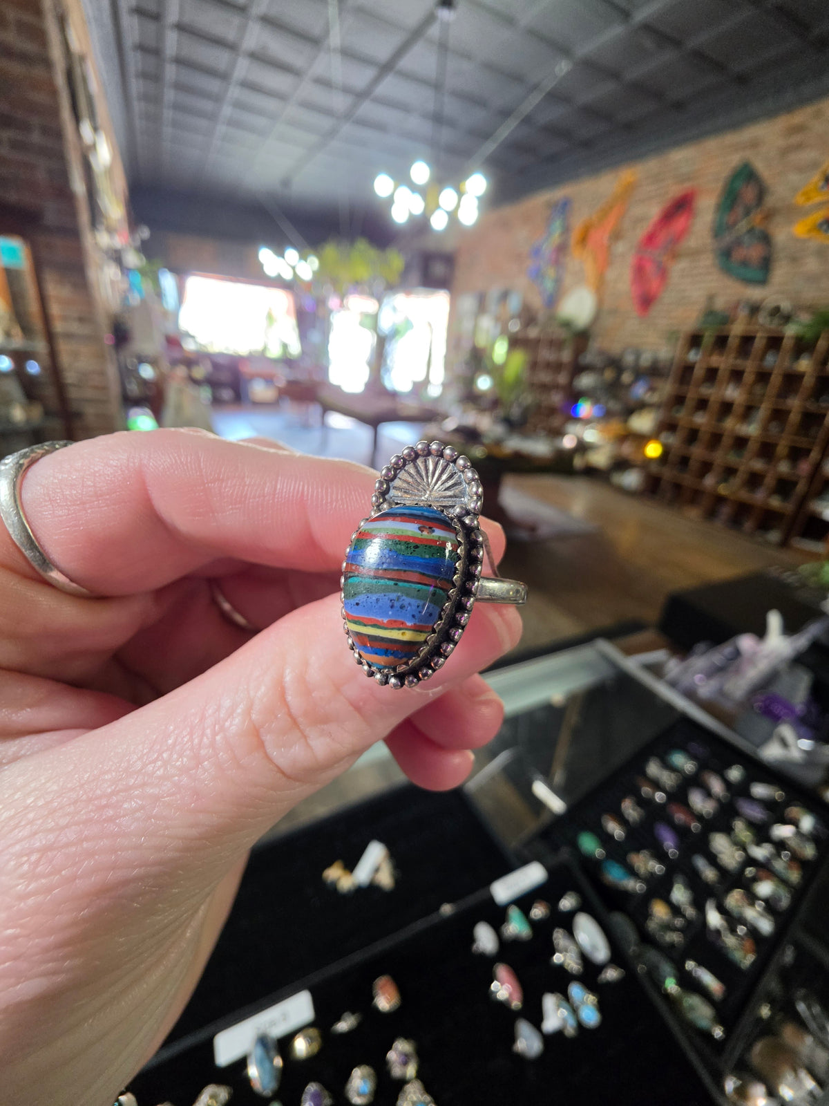 Rainbow Calsilica Ring Size 8.5 ( Manmade Stone)