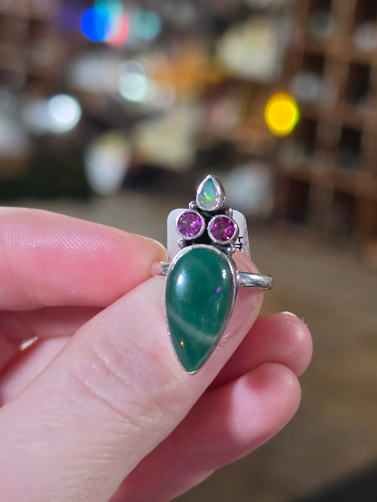 Size 7 Ethiopian Opal, Garnet & Jade Ring