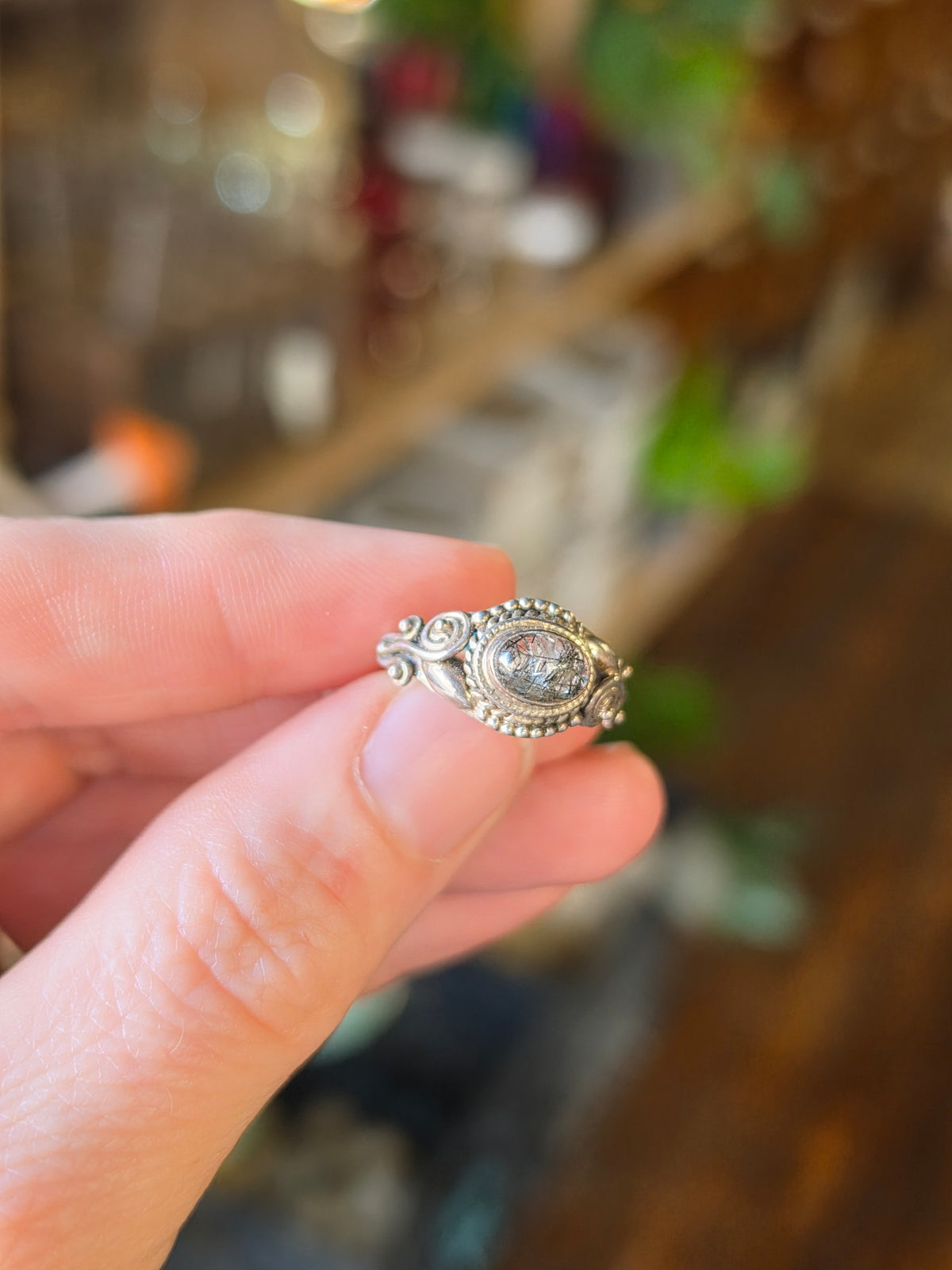 Black Tourmaline in Quartz Ring Size 6