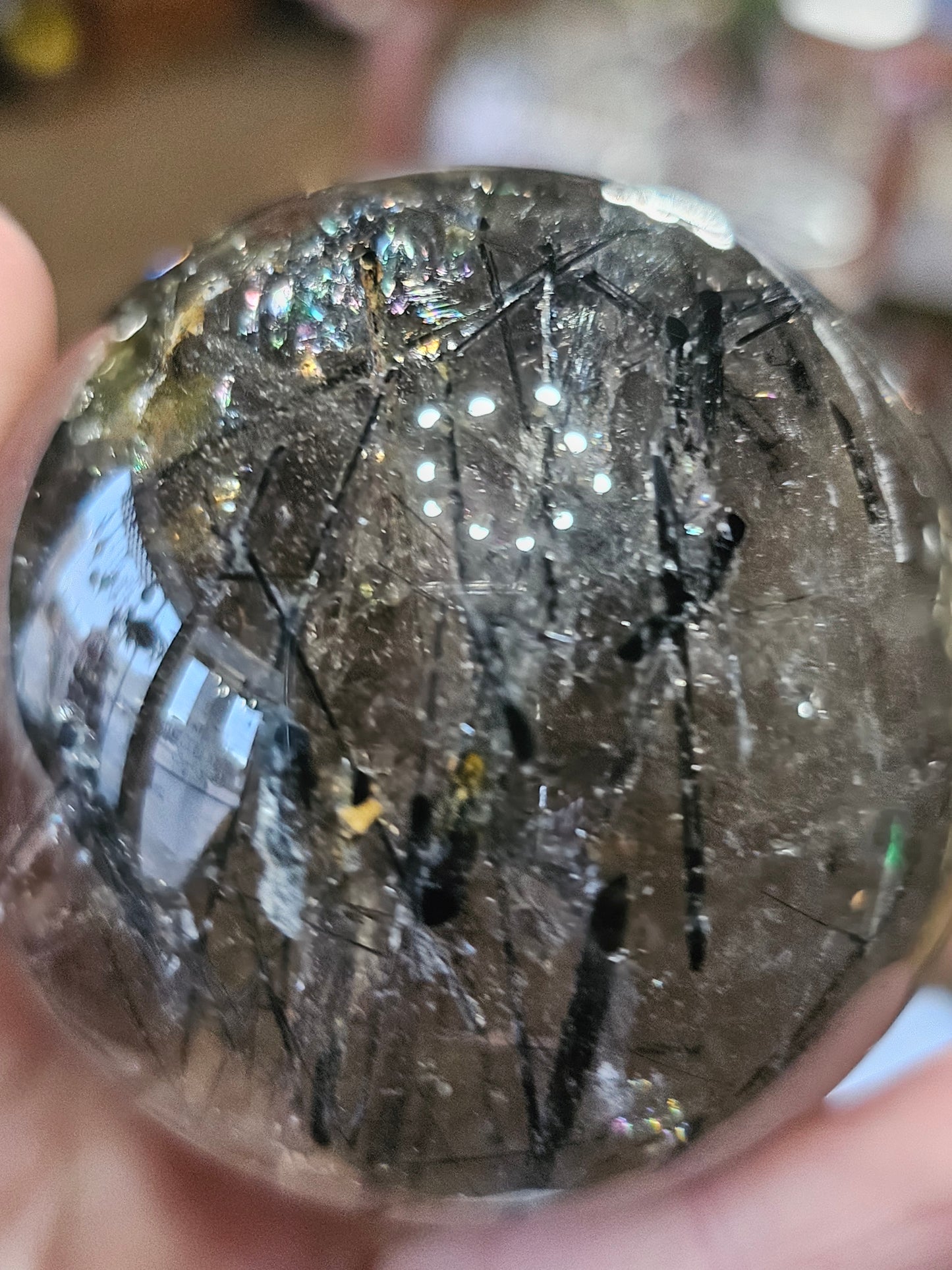 Black Tourmaline in Smoky Quartz Sphere