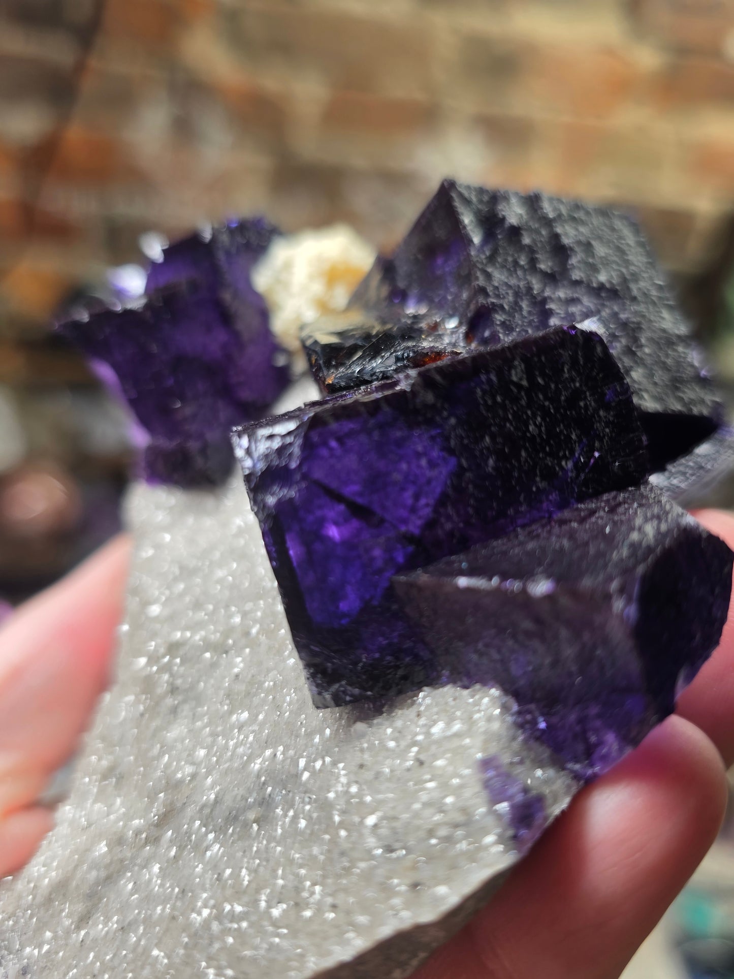 Fluorite, Sphalerite, Barite on Druzy Quartz