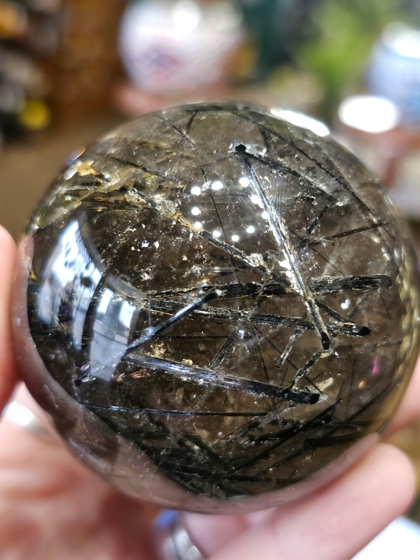 Black Tourmaline in Smoky Quartz Sphere
