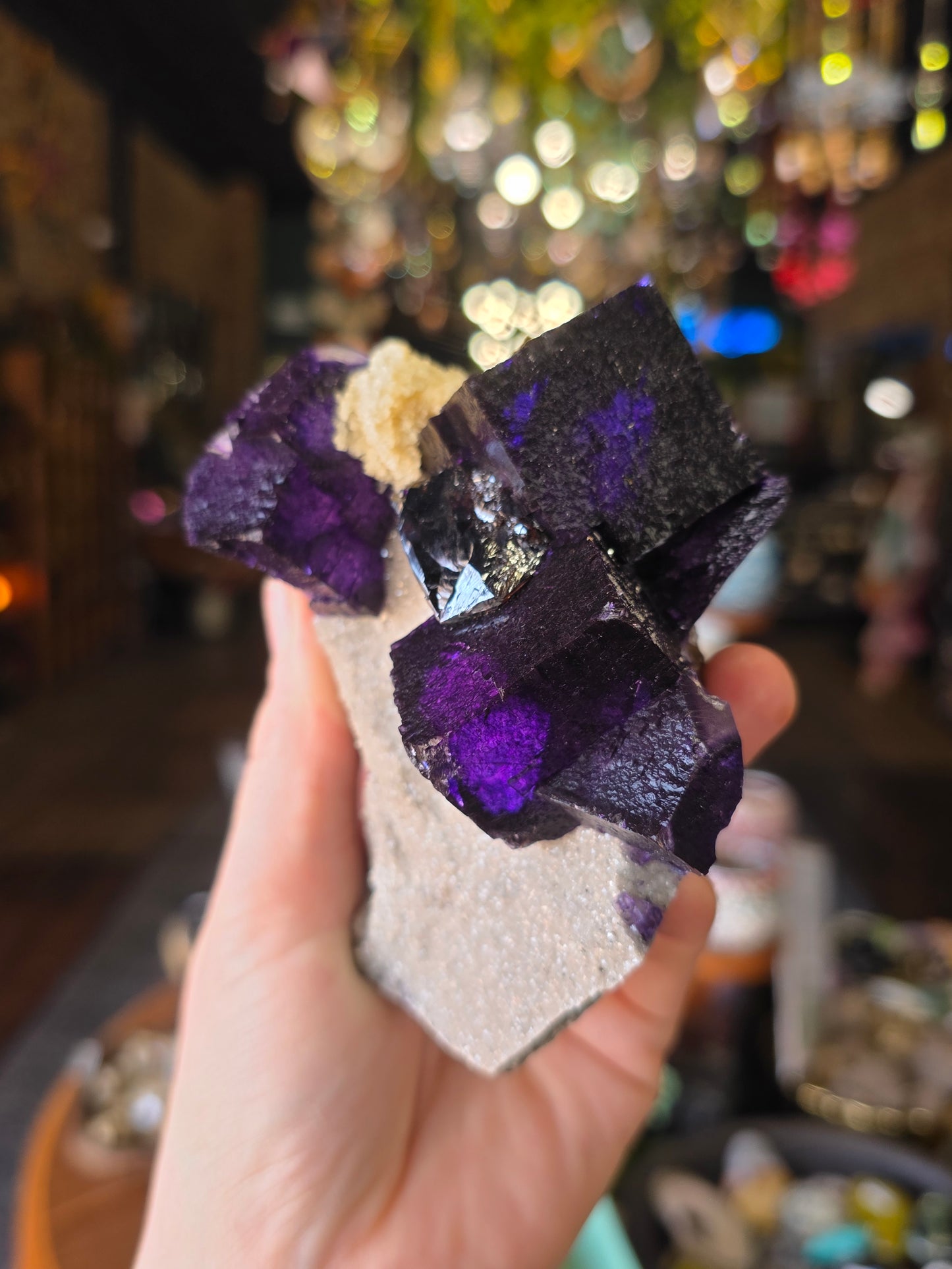 Fluorite, Sphalerite, Barite on Druzy Quartz