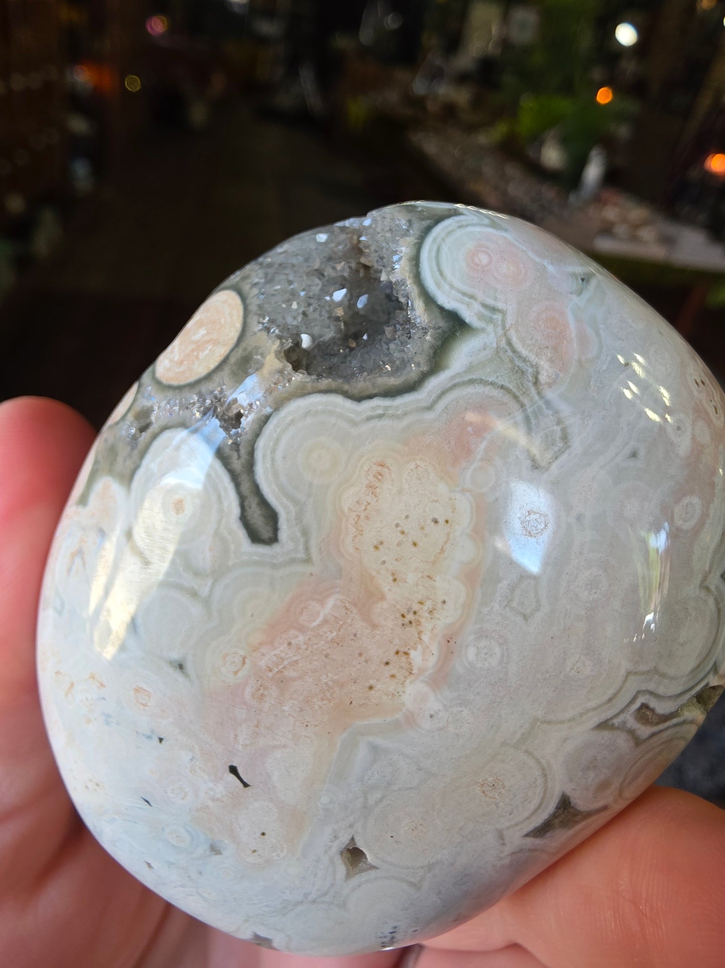Large Druzy 8th Vein Ocean Jasper Palm Stone