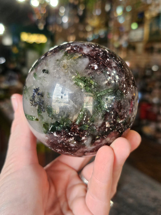 Green Tourmaline & Lepidolite in Quartz Sphere