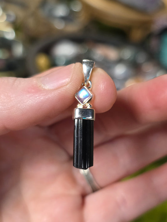 Black Tourmaline and Moonstone Pendant