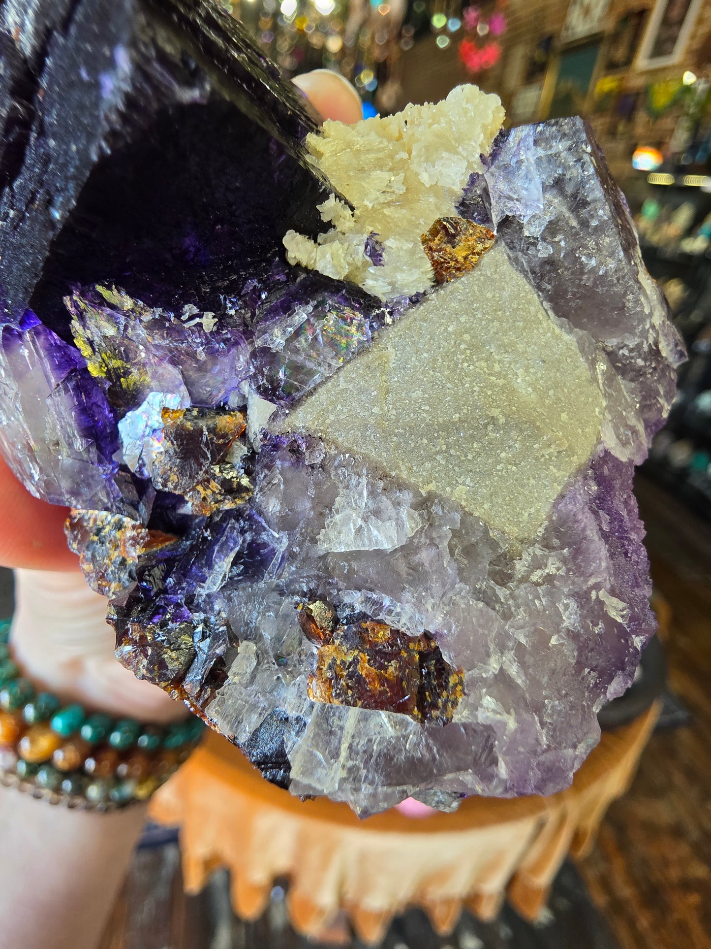 Fluorite, Sphalerite, Barite on Druzy Quartz