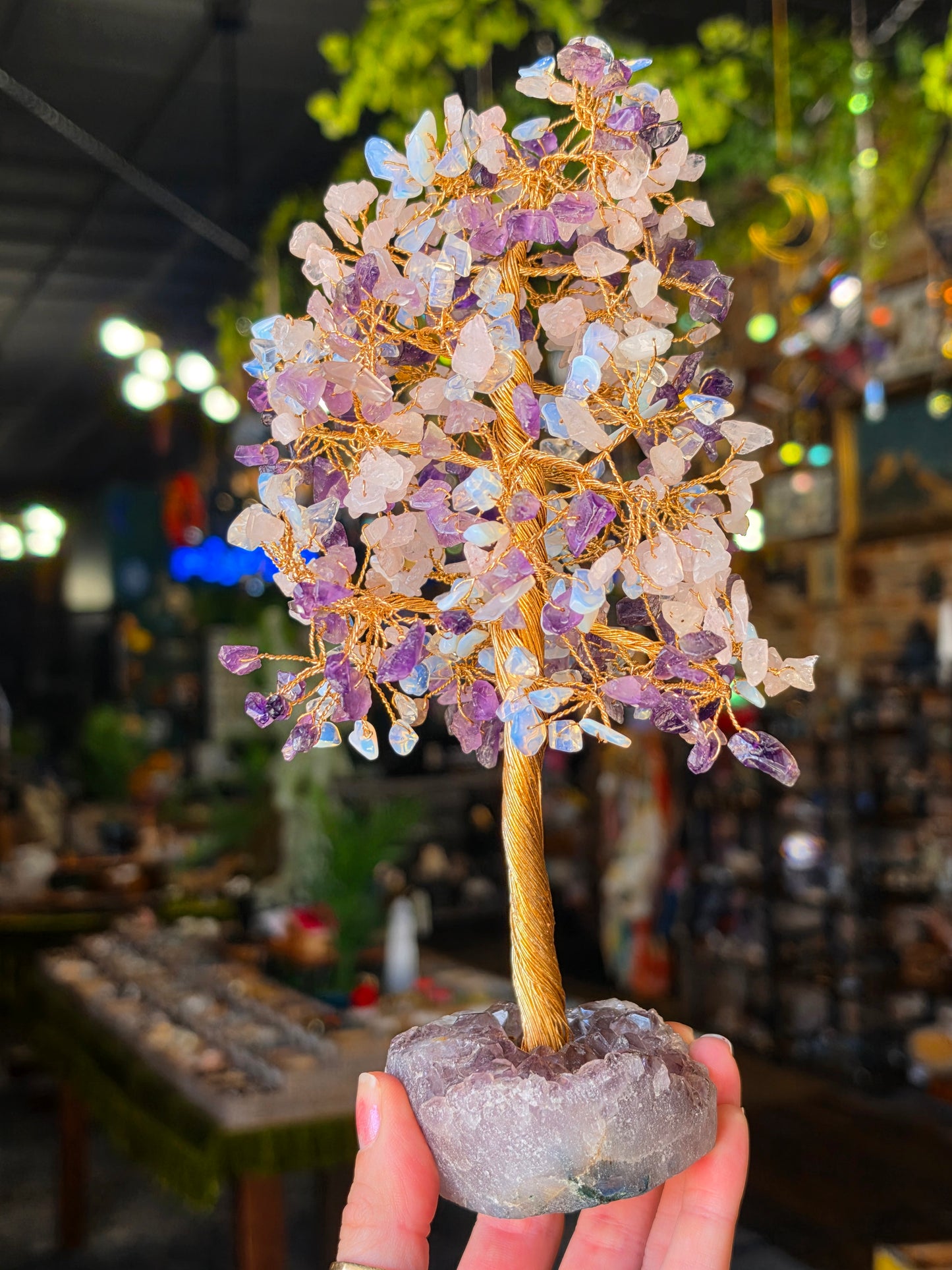 Opalite, Rose Quartz, Amethyst Chip Bead Tree on Amethyst Cluster Base