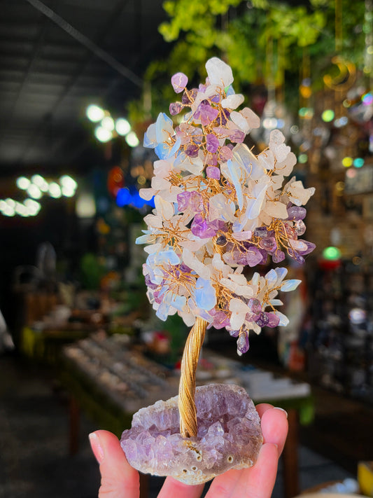 Opalite, Rose Quartz, Amethyst Chip Bead Tree on Amethyst Cluster Base