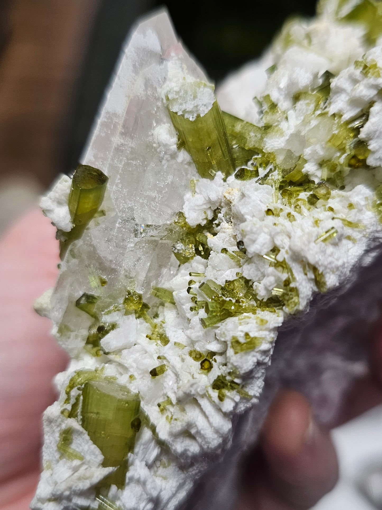 Green Tourmaline and Lepidolite on Albite