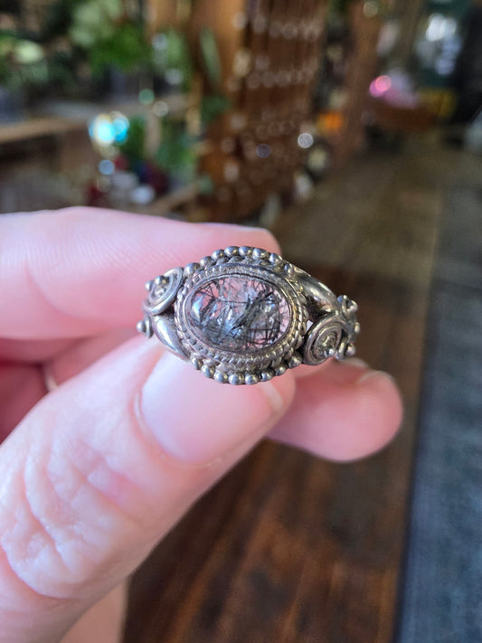Black Tourmaline in Quartz Ring Size 6