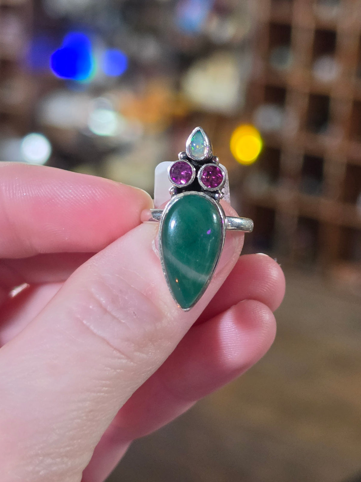 Size 7 Ethiopian Opal, Garnet & Jade Ring