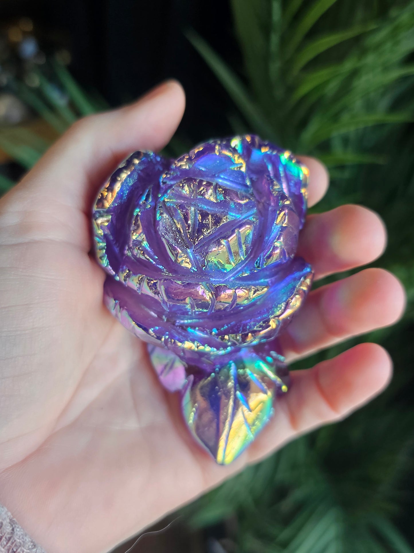 Aura Coated Amethyst Rose Bud Carving