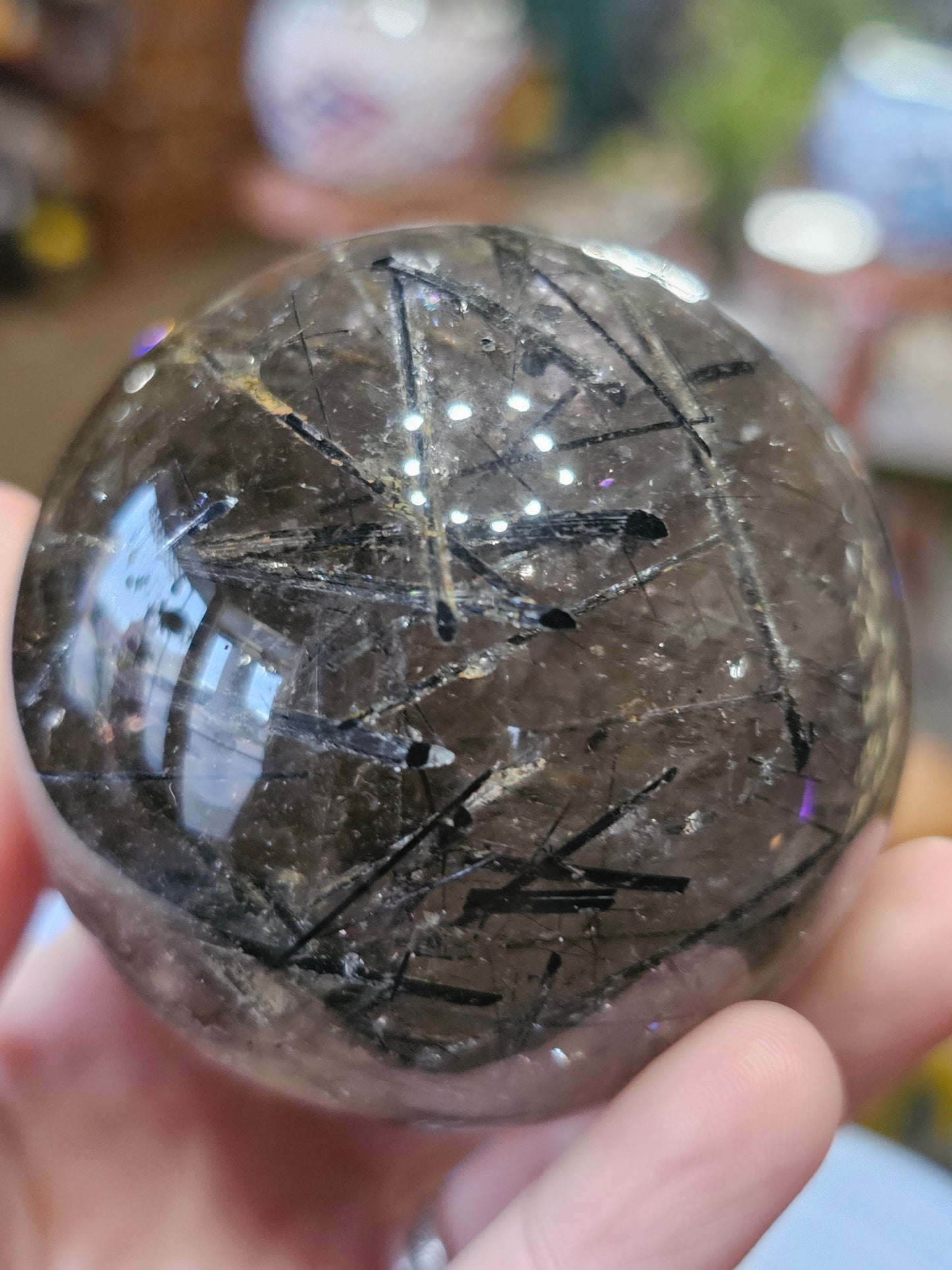 Black Tourmaline in Smoky Quartz Sphere