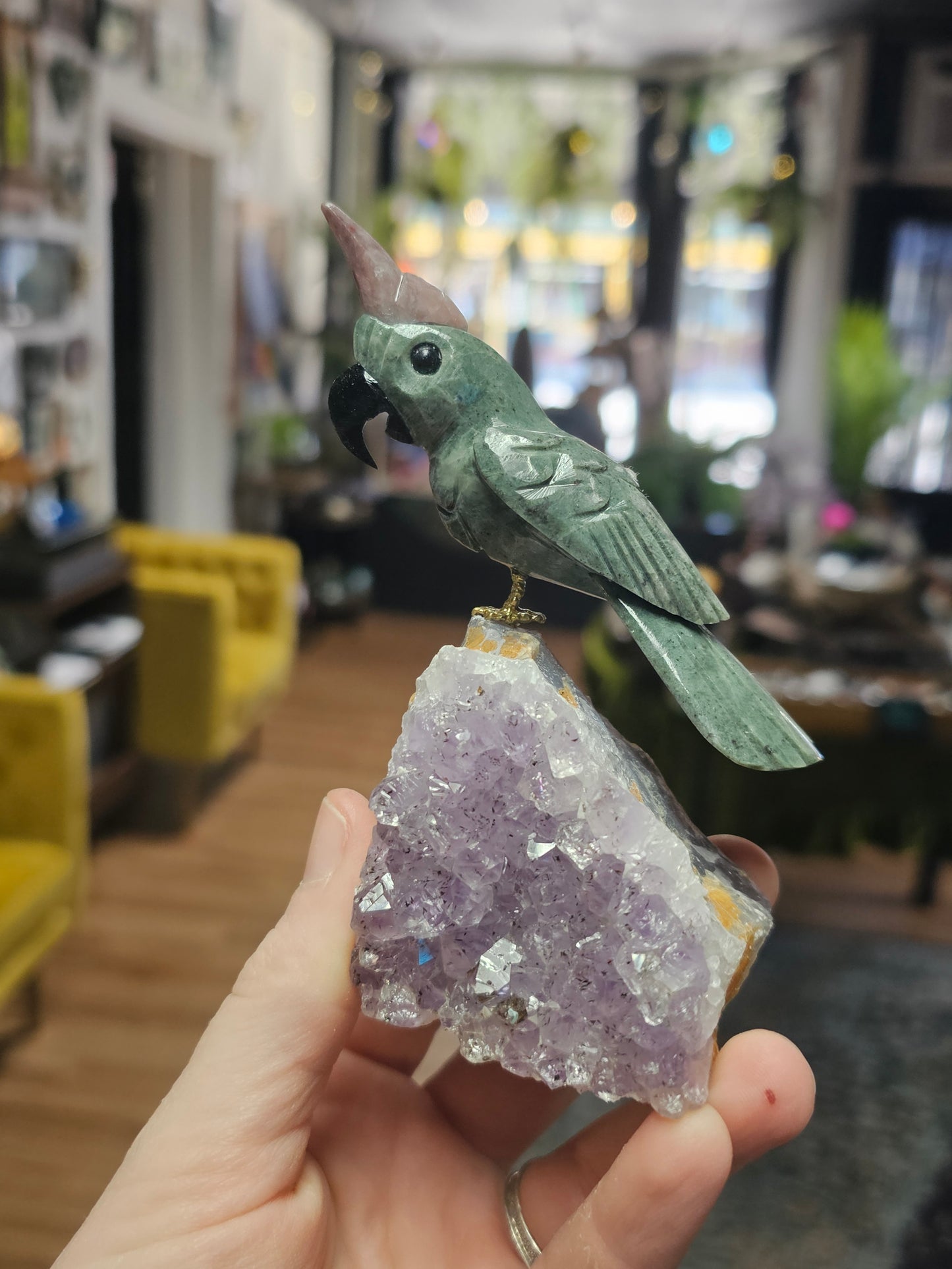 Serpentine Cockatoo Carving on Amethyst Freeform