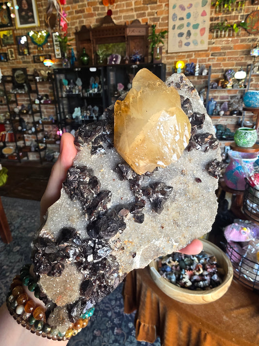 Calcite and Sphalerite on Druzy Quartz
