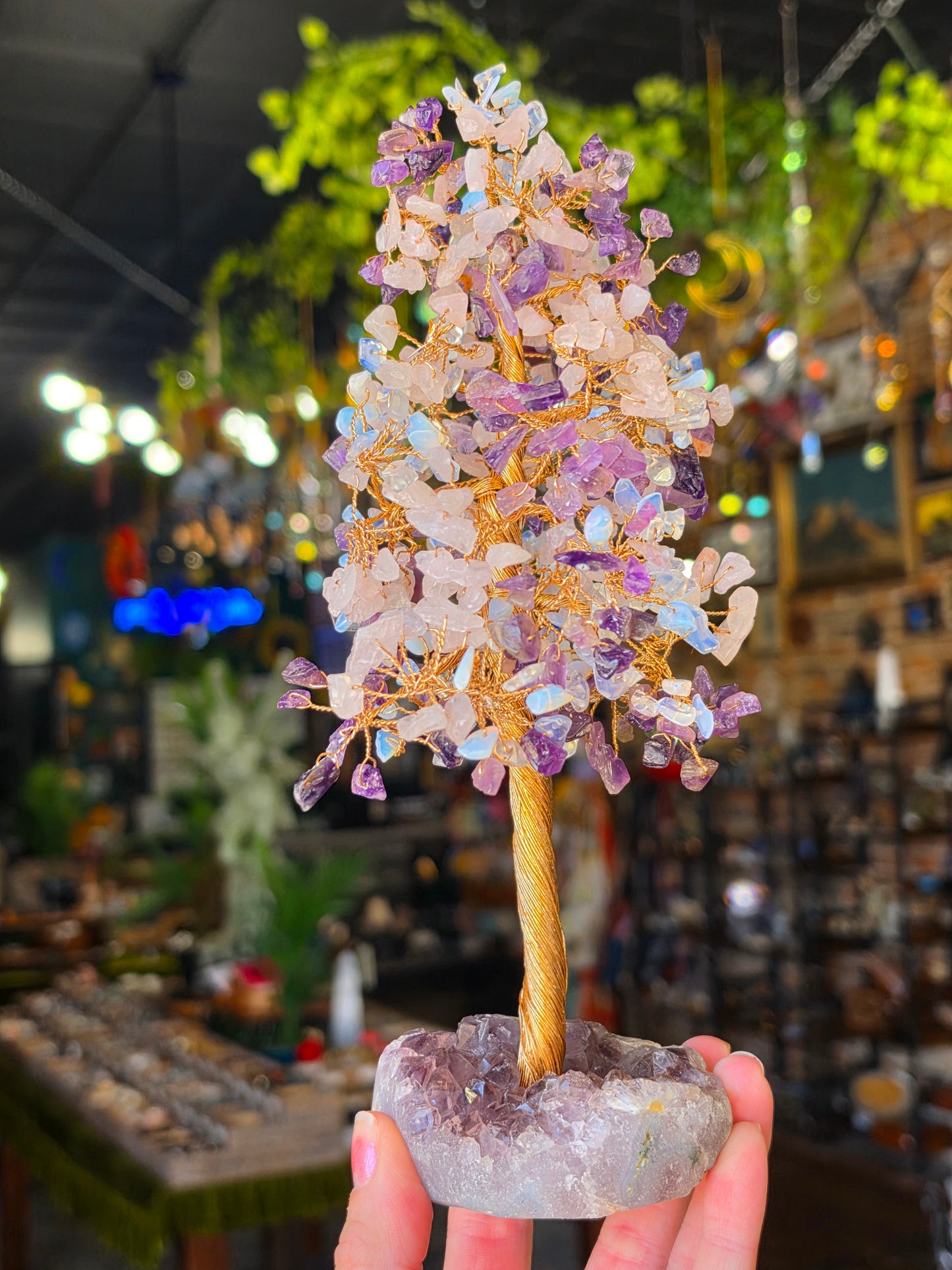 Opalite, Rose Quartz, Amethyst Chip Bead Tree on Amethyst Cluster Base