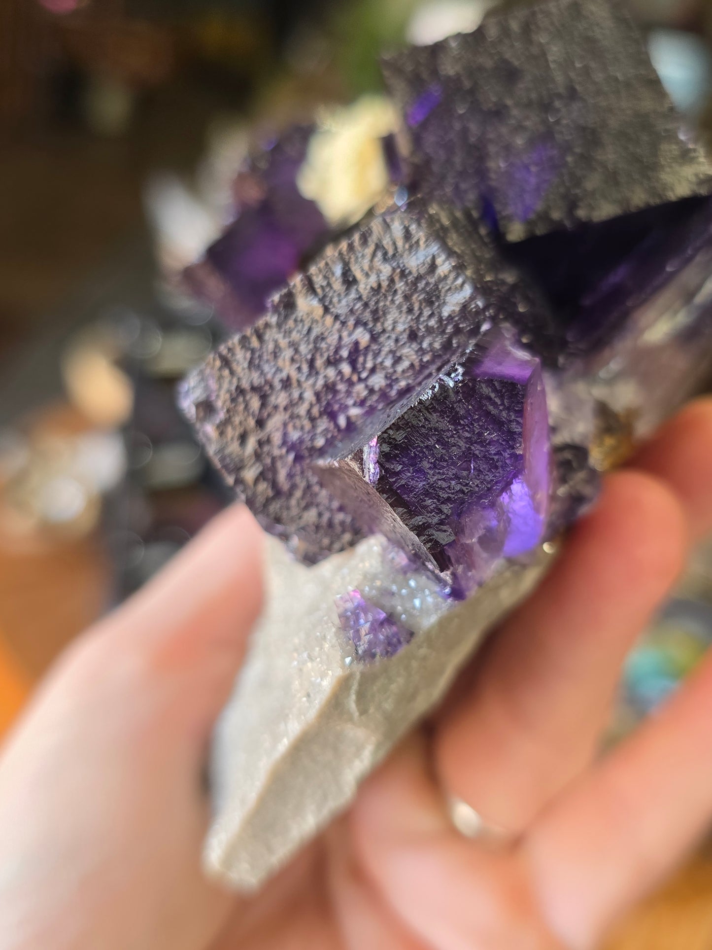 Fluorite, Sphalerite, Barite on Druzy Quartz