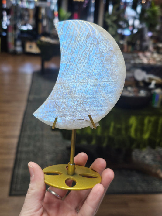 Moonstone Moon Carving with Metal Stand