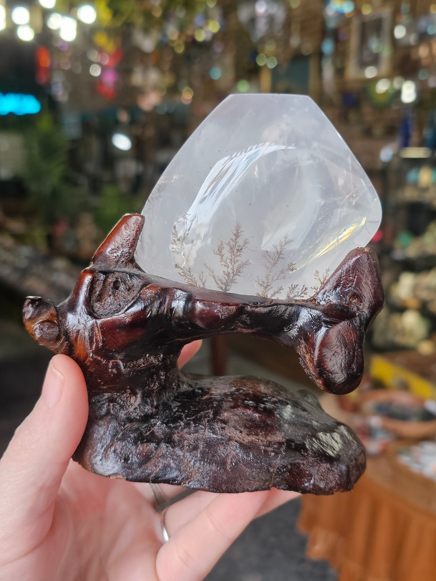 Dendritic Girasol Quartz on wood base