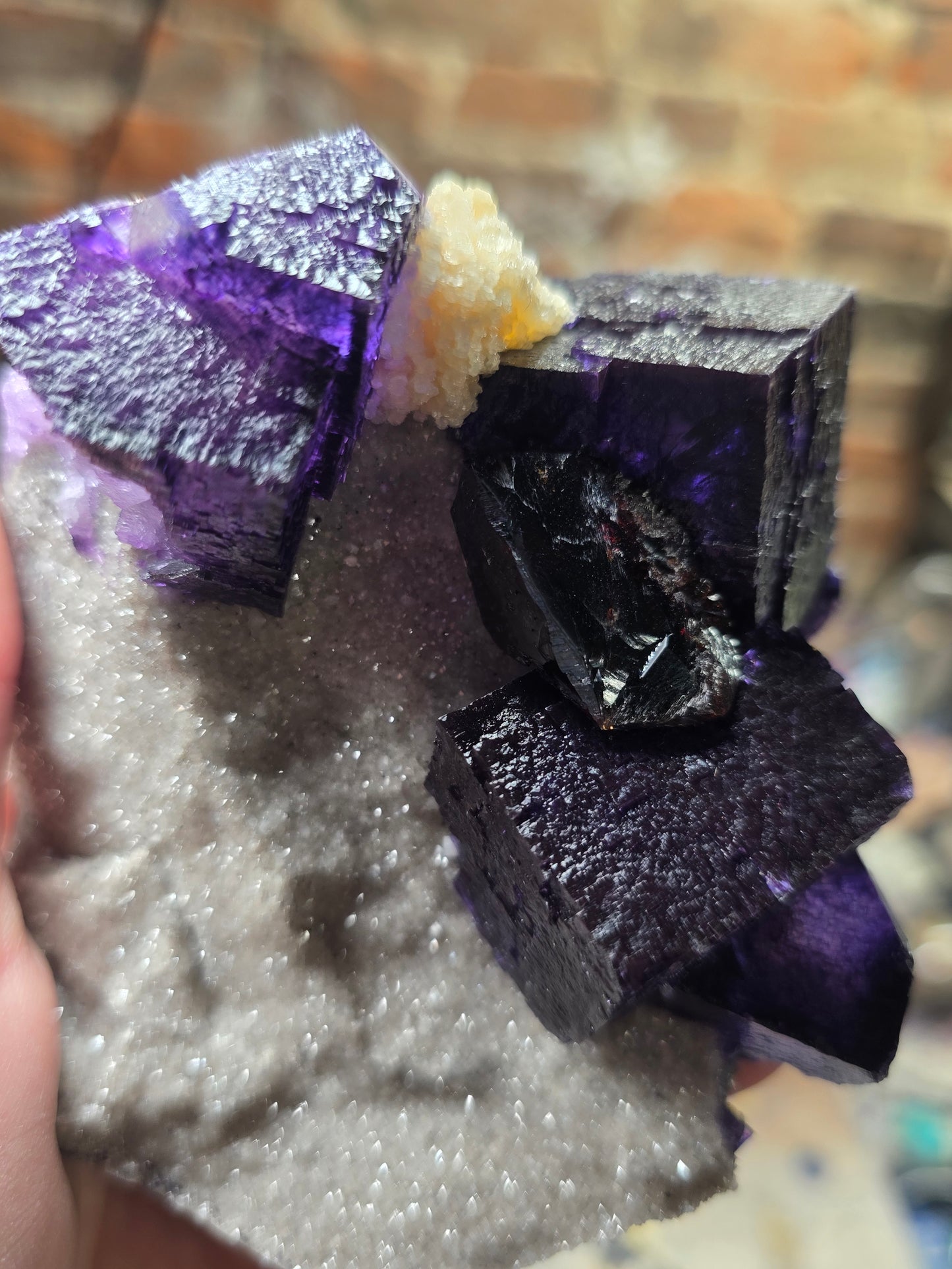 Fluorite, Sphalerite, Barite on Druzy Quartz