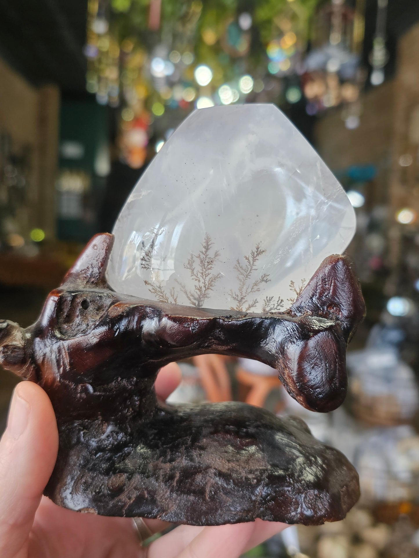 Dendritic Girasol Quartz on wood base
