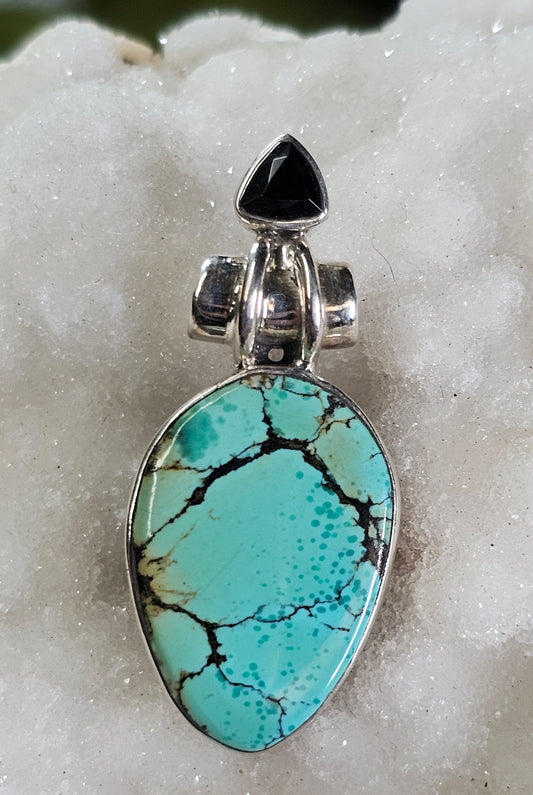 Spider Web Tibetan Turquoise & Black Onyx Pendant