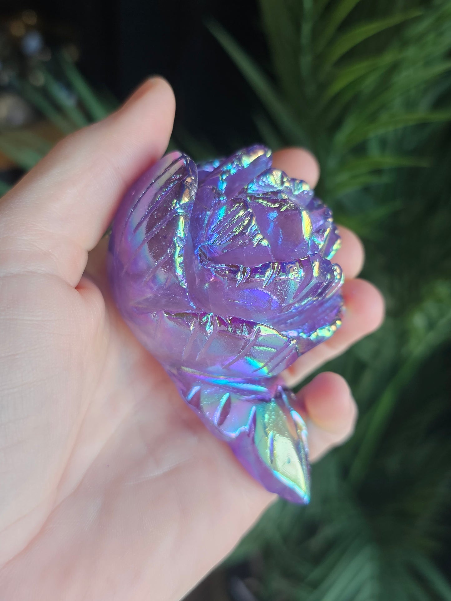 Aura Coated Amethyst Rose Bud Carving