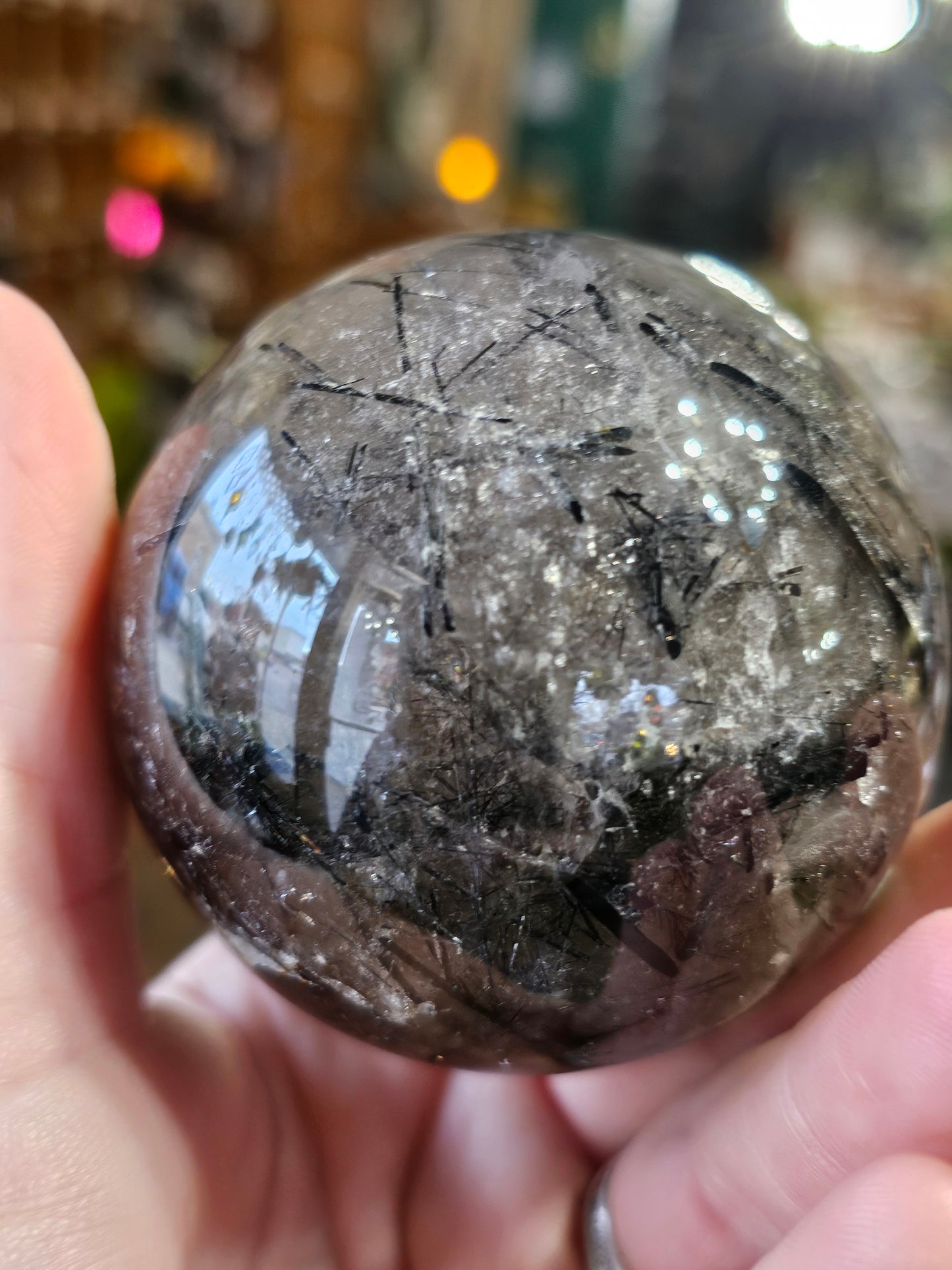 Black Tourmaline in Smoky Quartz Sphere