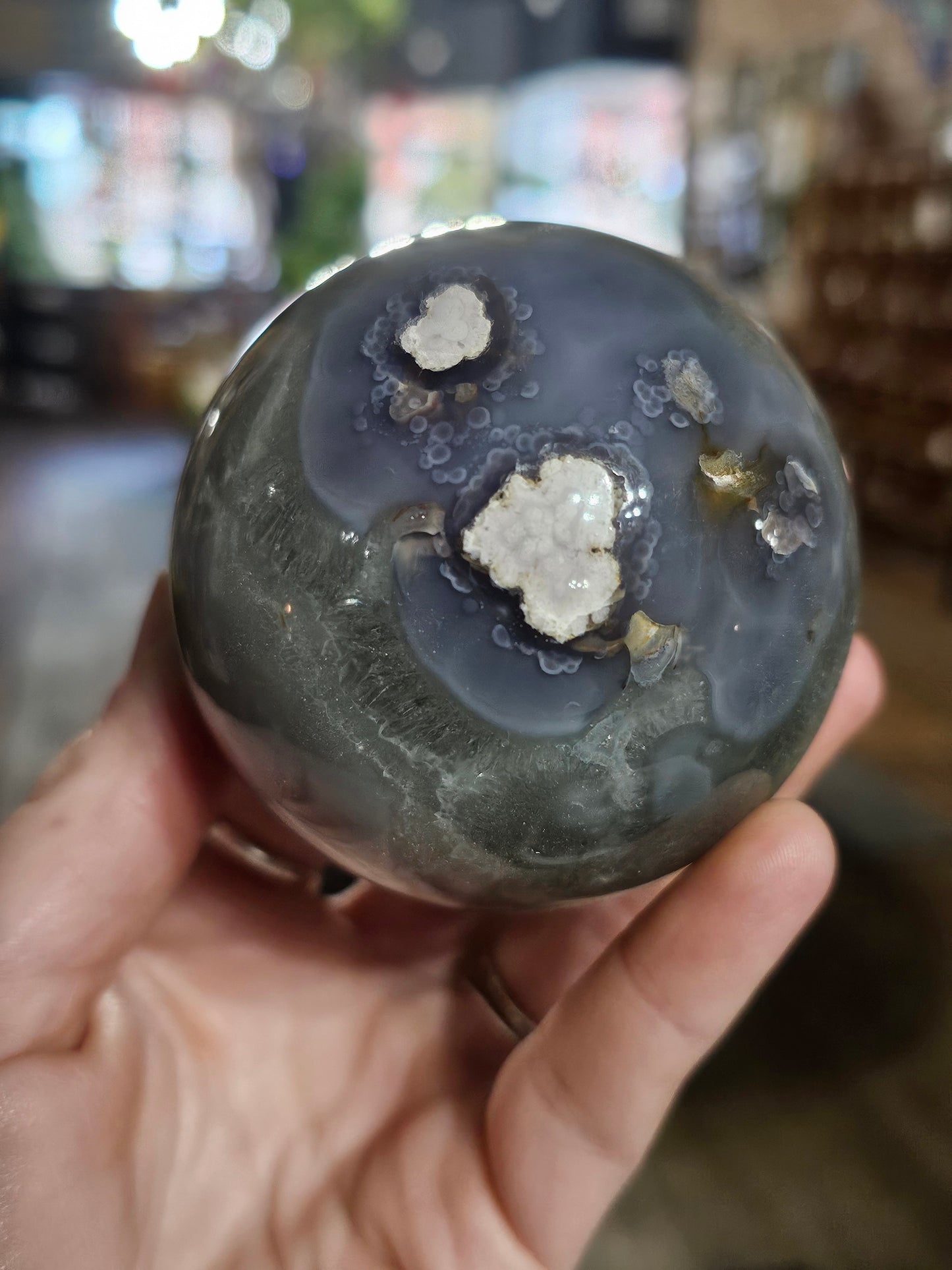 Purple Flower Agate with Prasiolite Sphere