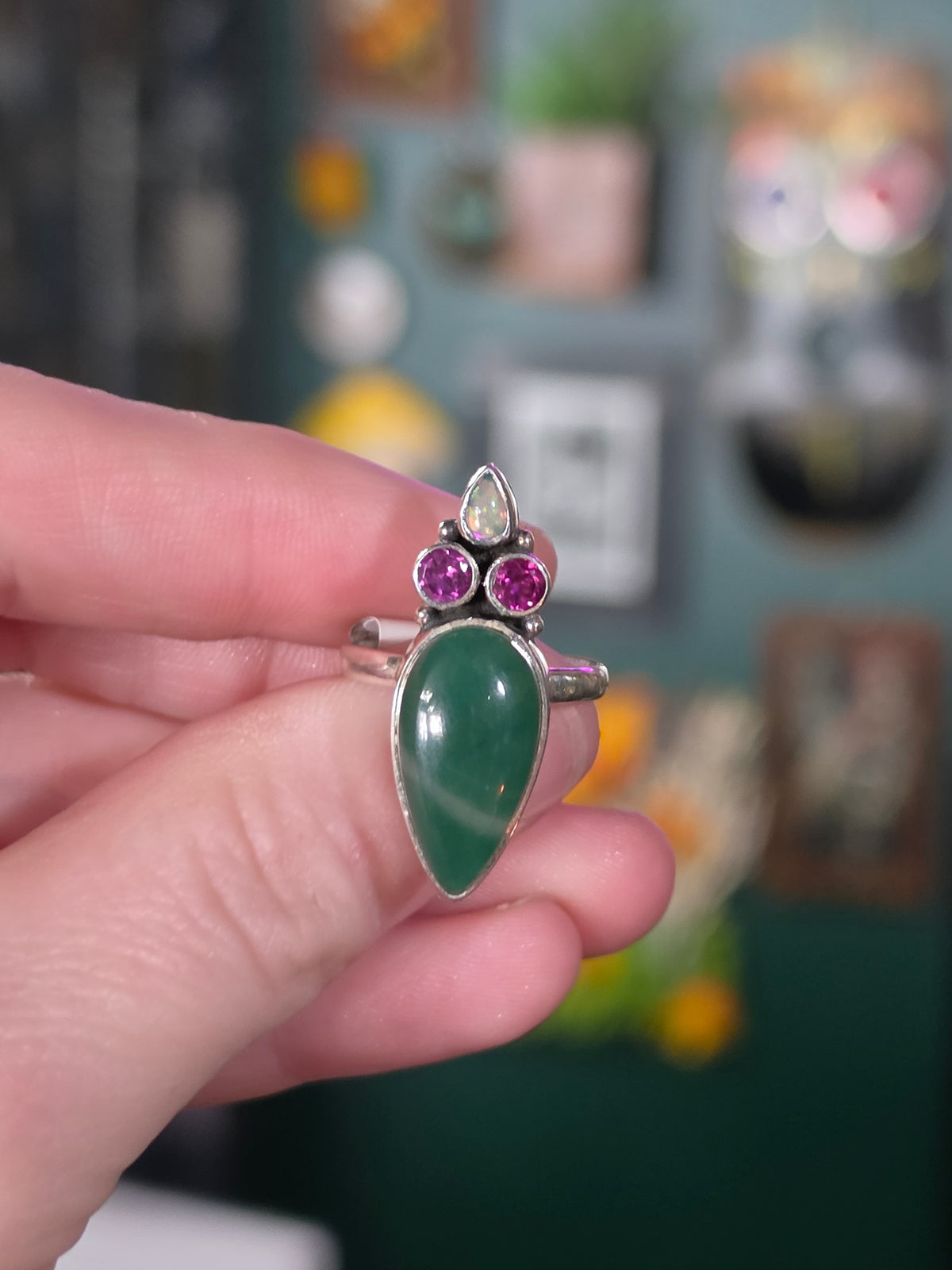 Size 7 Ethiopian Opal, Garnet & Jade Ring