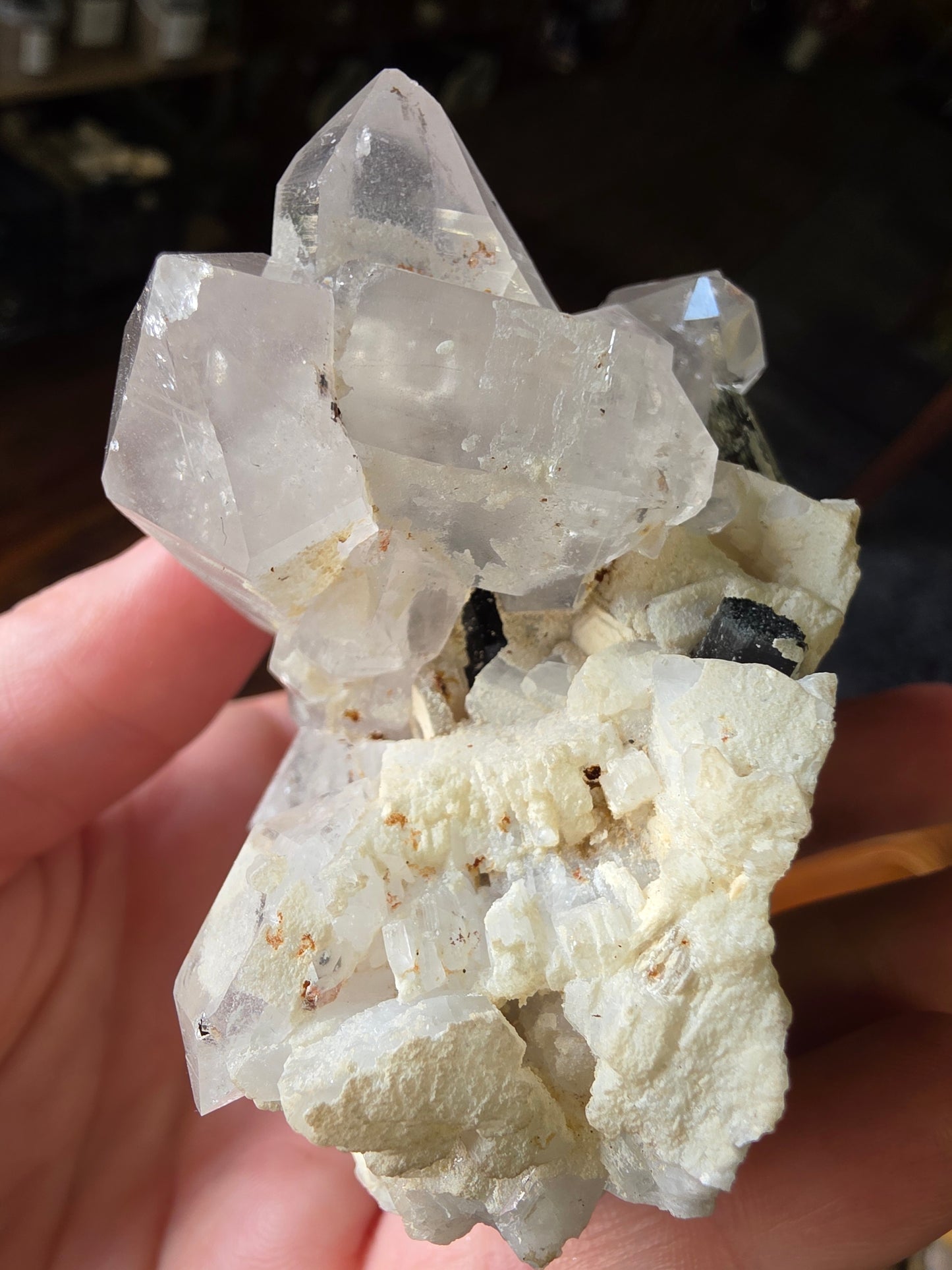 Black Tourmaline and Quartz On Albite