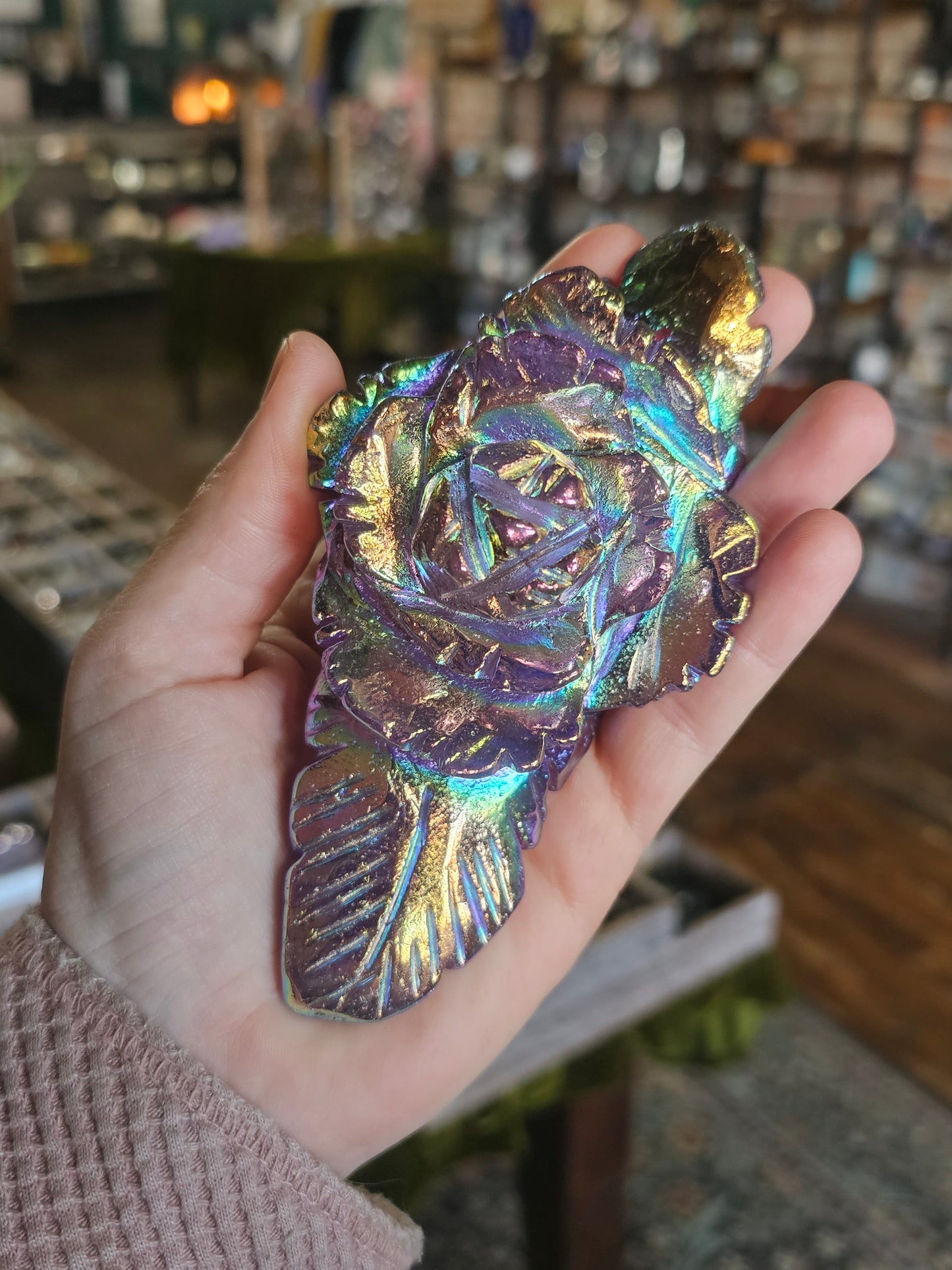 Aura Coated Amethyst Rose Carving