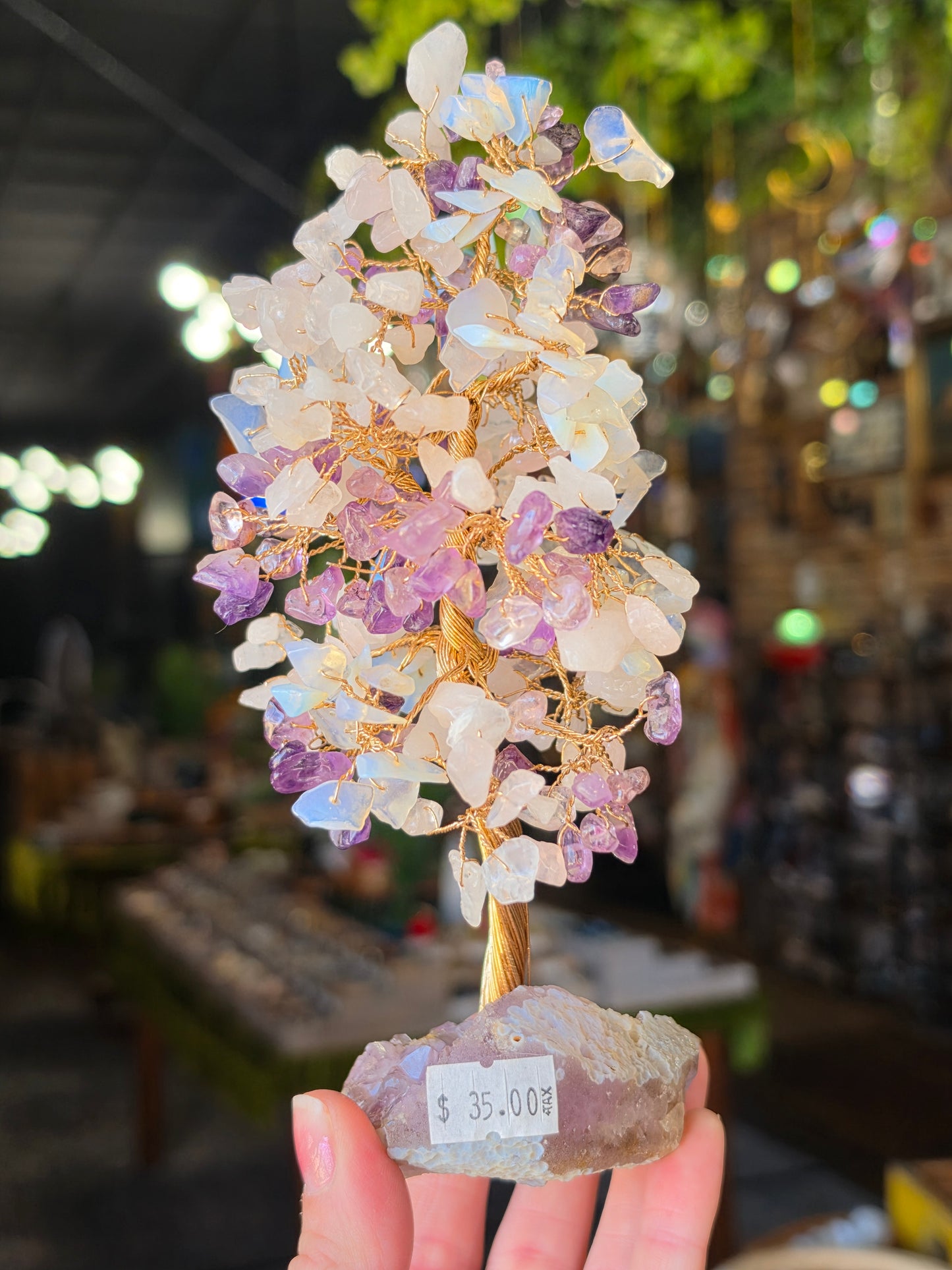 Opalite, Rose Quartz, Amethyst Chip Bead Tree on Amethyst Cluster Base