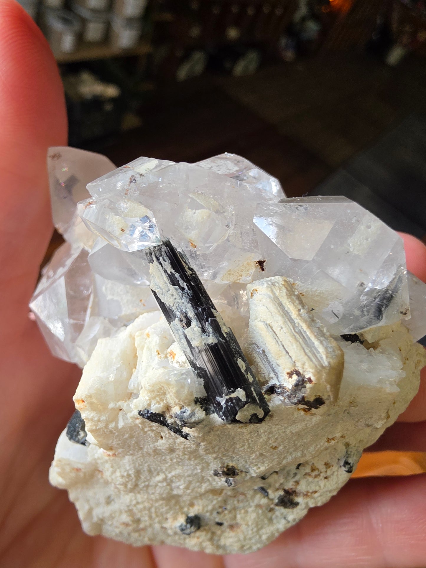 Black Tourmaline and Quartz On Albite