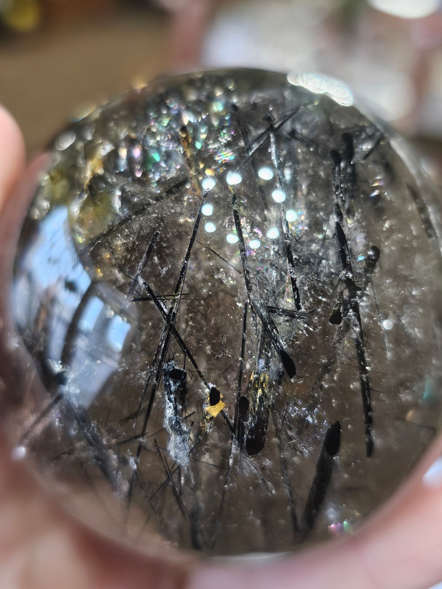 Black Tourmaline in Smoky Quartz Sphere