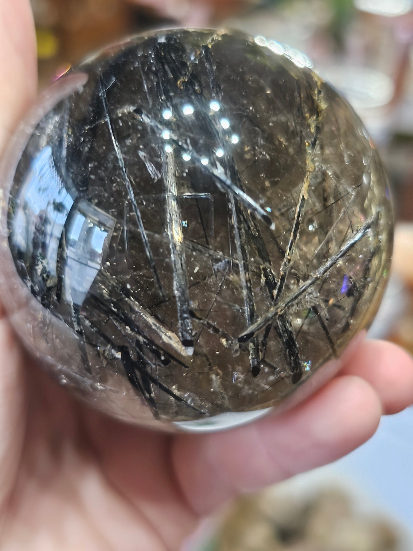 Black Tourmaline in Smoky Quartz Sphere