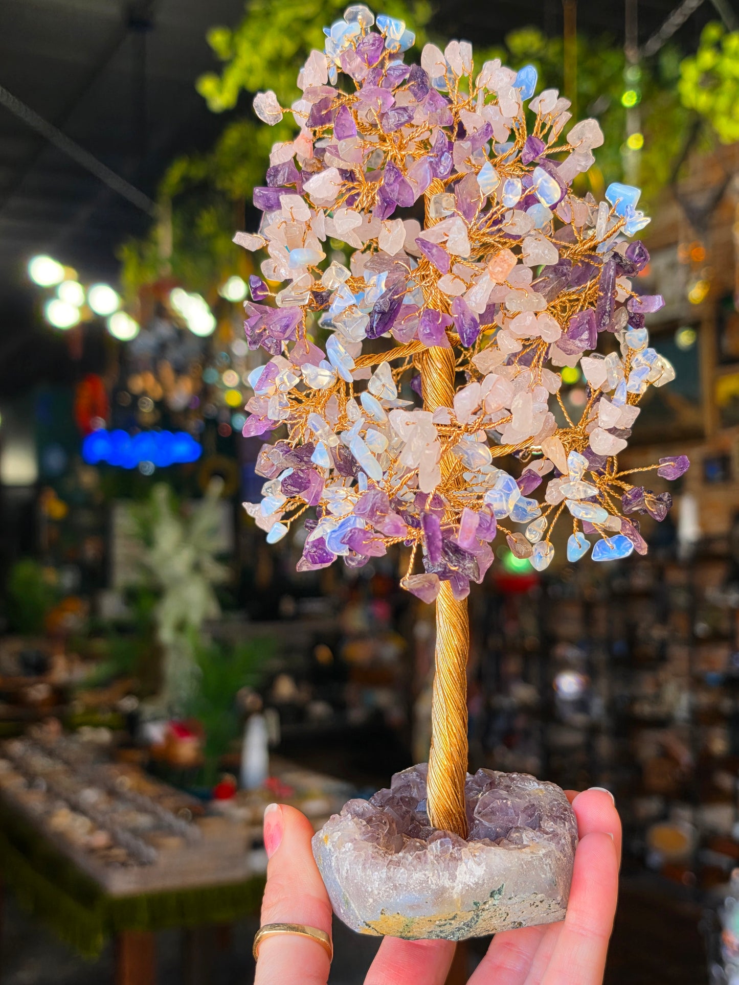 Opalite, Rose Quartz, Amethyst Chip Bead Tree on Amethyst Cluster Base