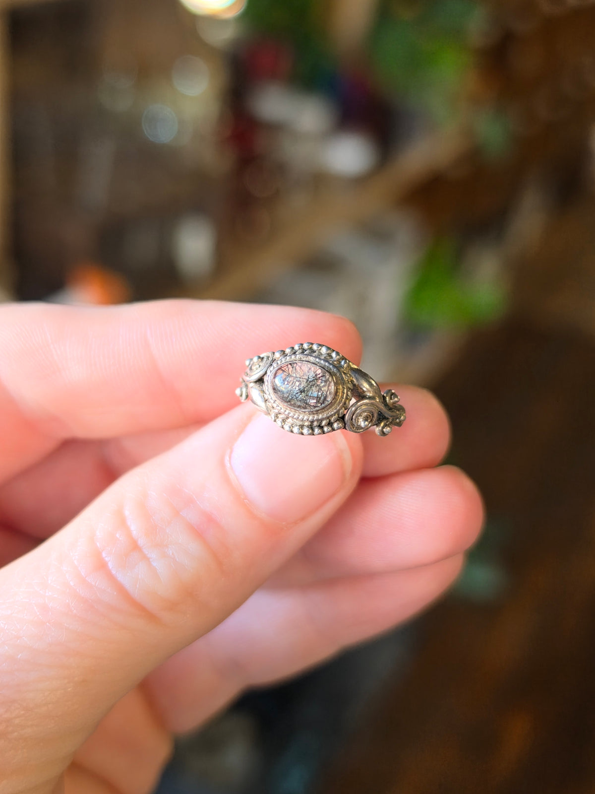Black Tourmaline in Quartz Ring Size 6
