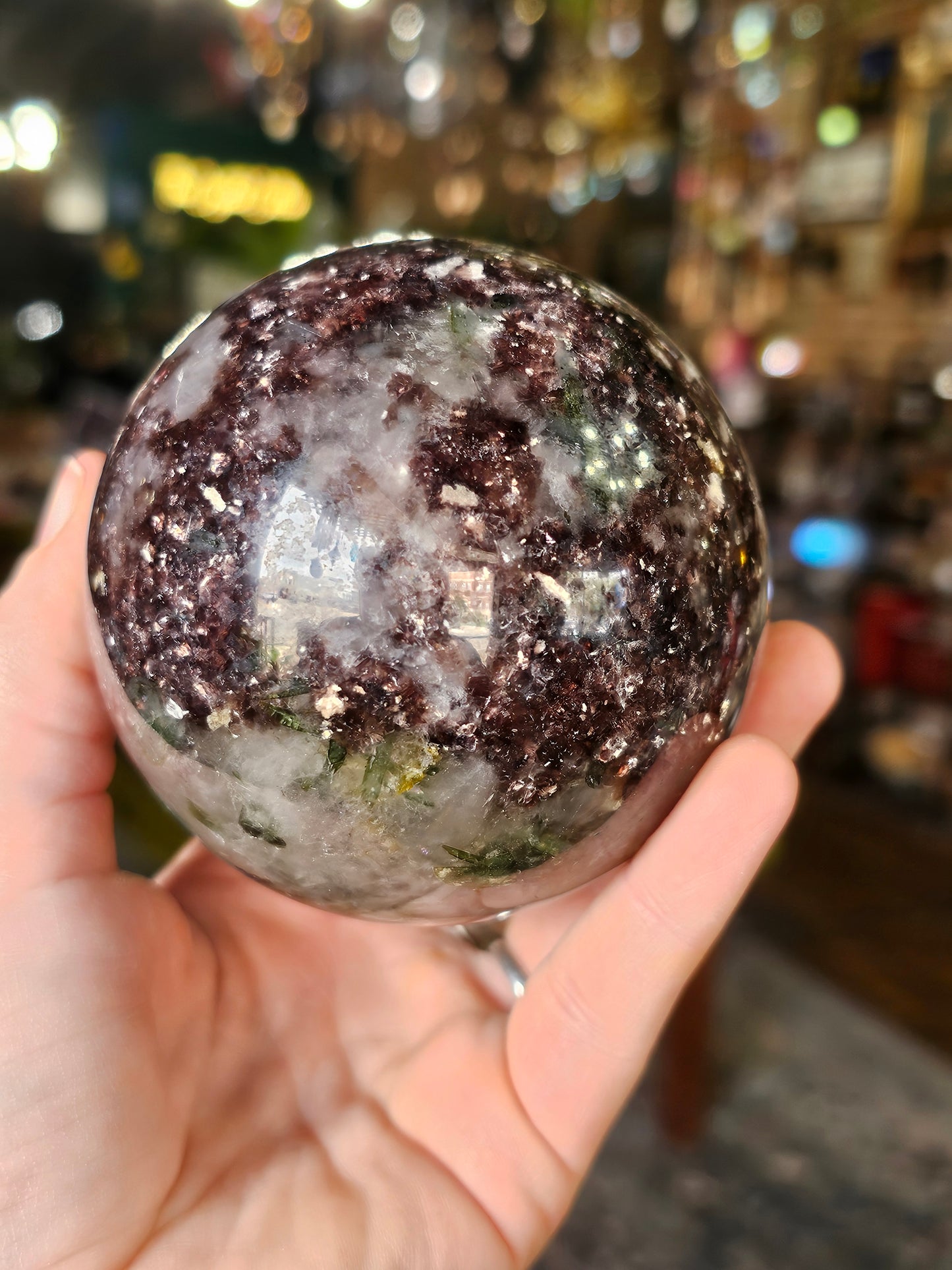 Green Tourmaline & Lepidolite in Quartz Sphere