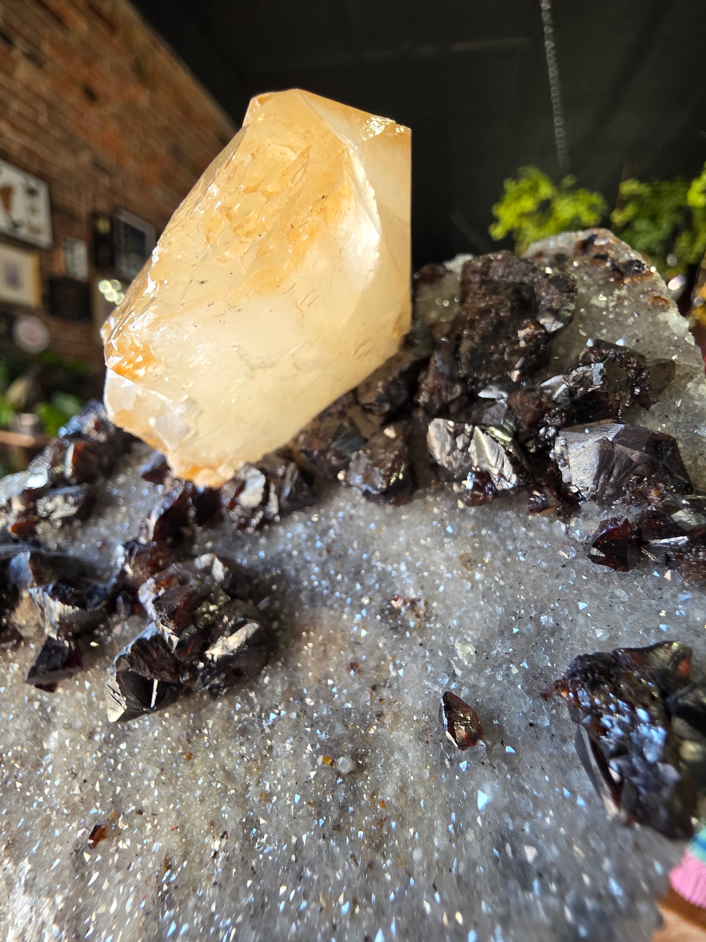 Calcite and Sphalerite on Druzy Quartz