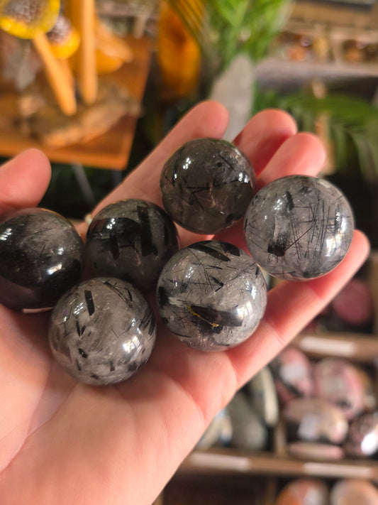 Small Black Tourmaline in Milky Quartz Sphere